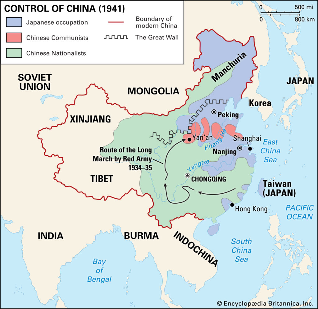 Map showing the Japanese controlled areas of China in the Pacific War during World War 2
