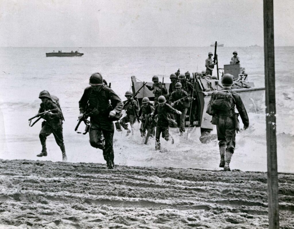 U.S. Marines landing on Guadalcanal during World War II in the Pacific 